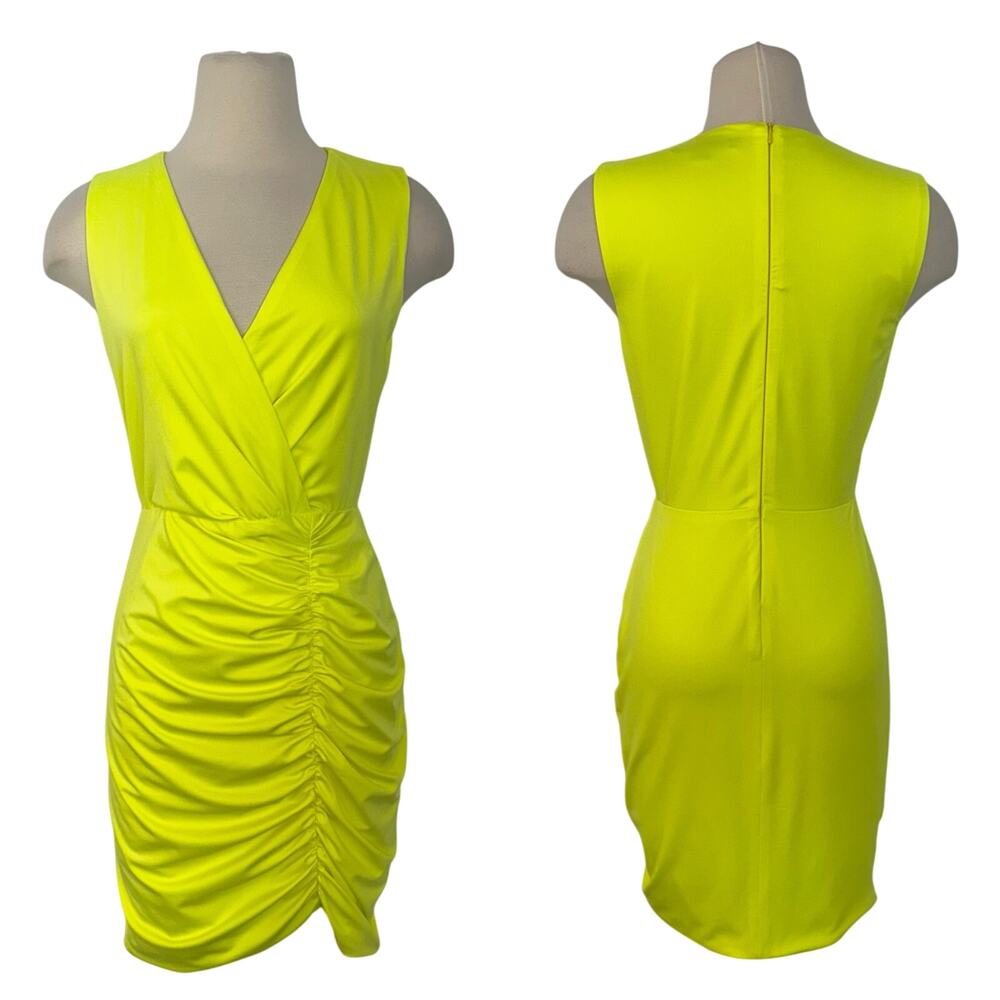 Black Halo Oakley Ruched V-Neck Sheath Mini Dress Glow Neon Yellow 2